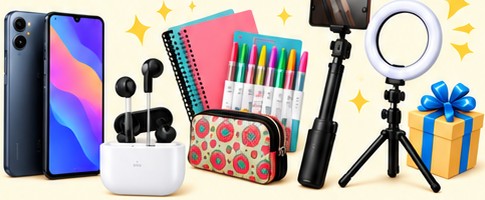 Raffle prizes: a smartphone, Bluetooth earphones, notebooks and pens, a pencil case, a selfie stick, a ring light and a gift box.